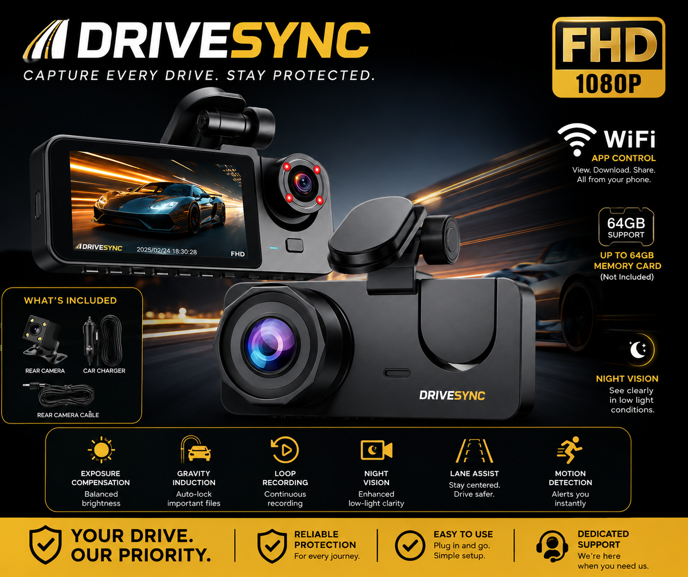 DriveSync GuardPro FHD 1080P Smart Dash Camera